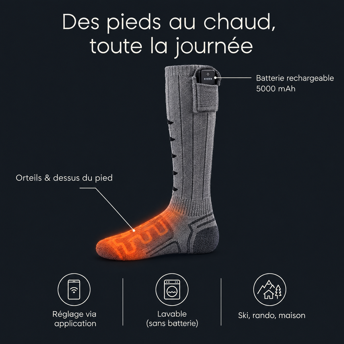 Chaussettes chauffantes rechargeables 5000 mAh – infographie des caractéristiques