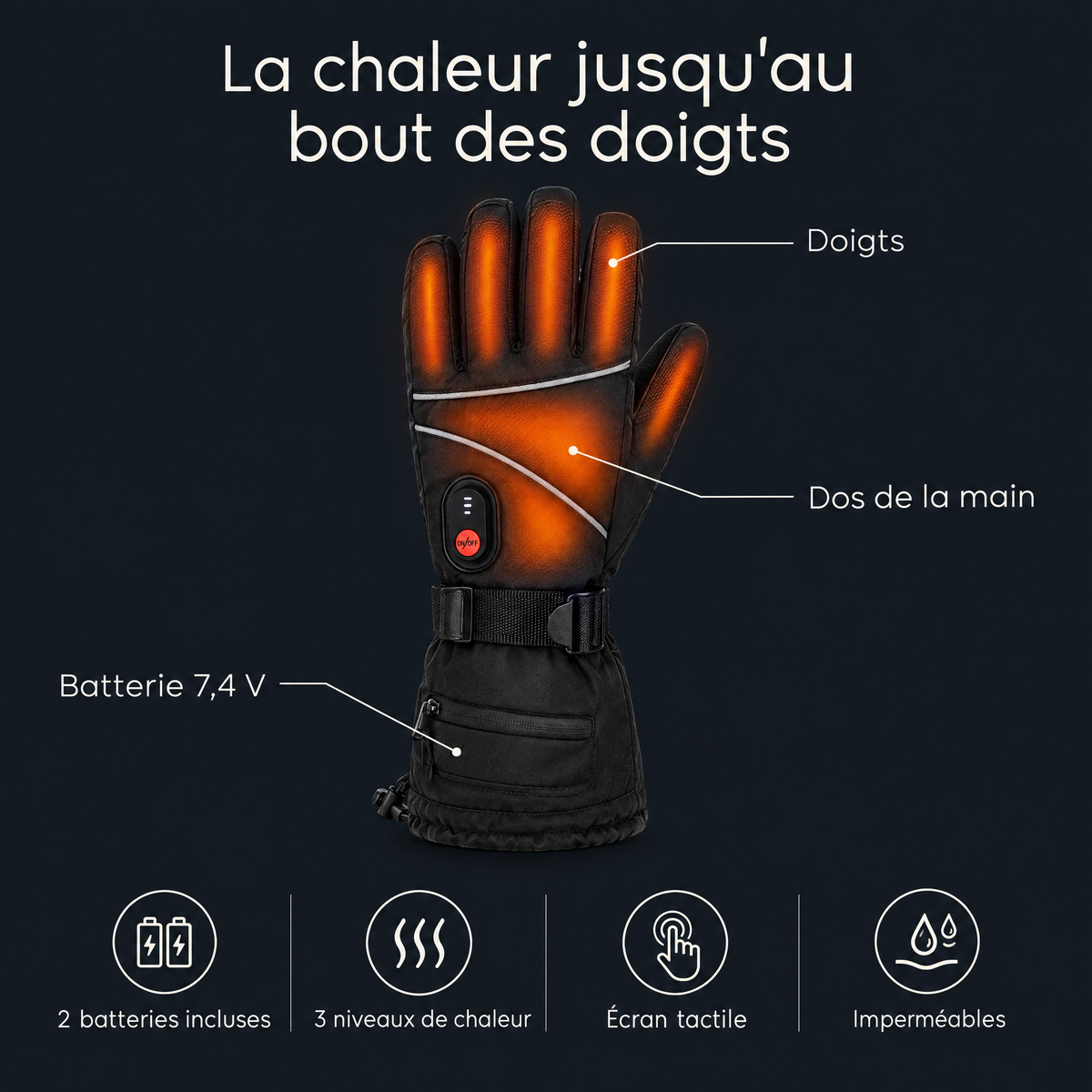 Gants chauffants rechargeables 2 batteries 7,4 V – infographie des caractéristiques
