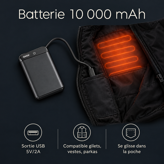 Batterie 10 000 mAh, sortie USB 5V/2A, compatible gilets, vestes et parkas chauffants Hestia