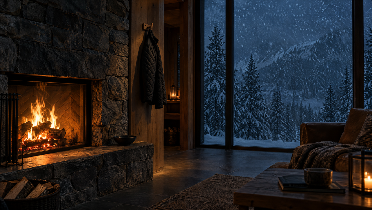 Cheminée allumée dans un chalet pendant une tempête de neige