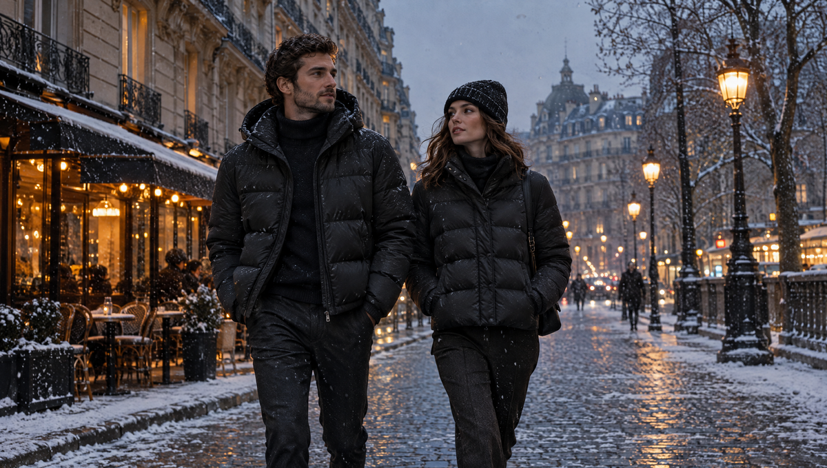 Couple en vestes chauffantes noires dans une rue de Paris enneigée