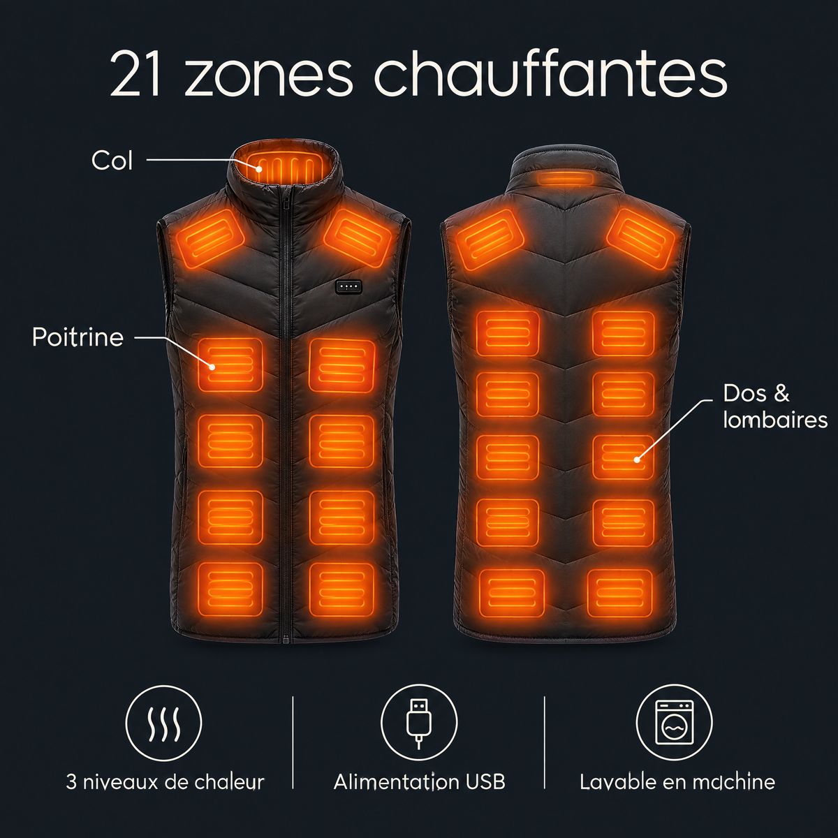 Gilet chauffant Hestia Graphène 21 zones – infographie des caractéristiques