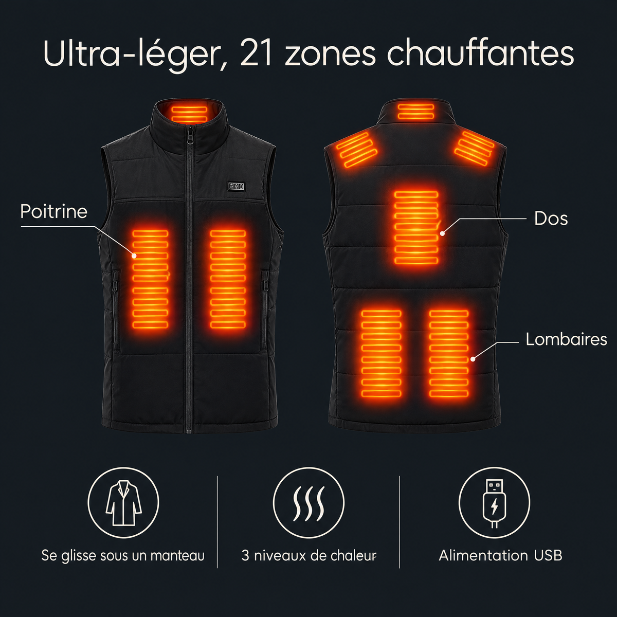 Gilet doudoune chauffant ultra-léger 21 zones – infographie des caractéristiques